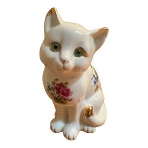 VintagePorcelain Cat Figurine Glass Light Green Eyes Floral Motif Gold Accents